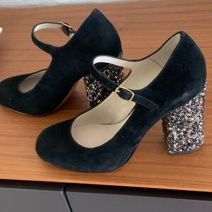 Bettye Muller Black Suede Heels with Glitter Block
